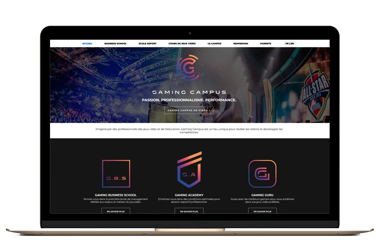 La page d'accueil du projet Gaming Campus, affiché sur un écran d'ordinateur portable