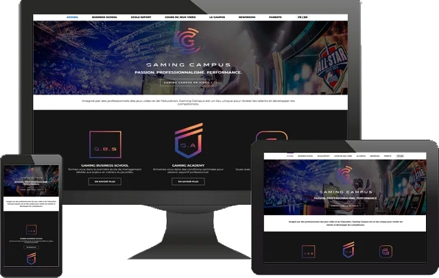 Représentation affichage du site Gaming Campus sur différents supports