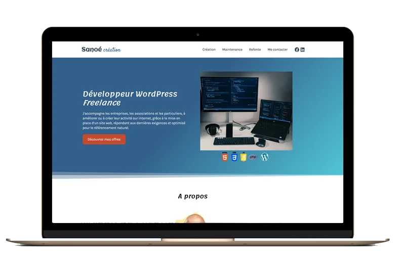 La page d'accueil du projet Sanoe Creation, affiché sur un écran d'ordinateur portable