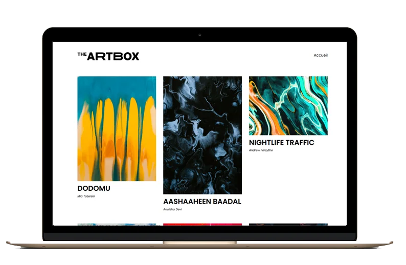 La page d'accueil du projet The Art Box, affiché sur un écran d'ordinateur portable